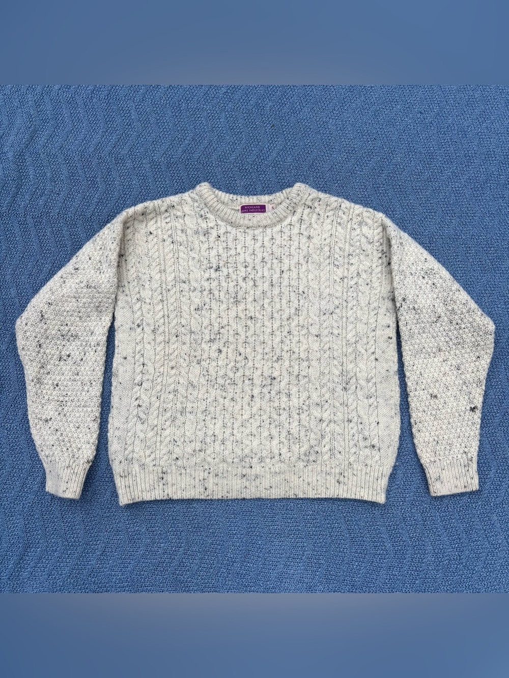 Highland Home Industries Wool Cable Knit Crewneck Sweater Small Cream Flecked
